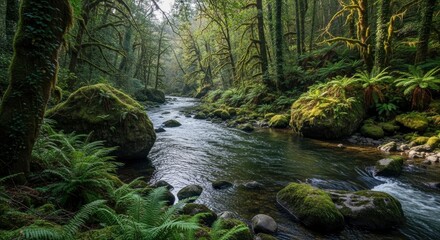 Obraz premium Serene Woodland River Flowing Through Lush Mossy Forest
