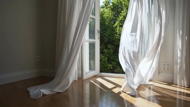 Sunlit curtains swaying in breeze by open window with greenery outside