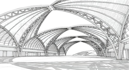 Futuristic dome building concept with curved structure and open form, modern architectural sketch.