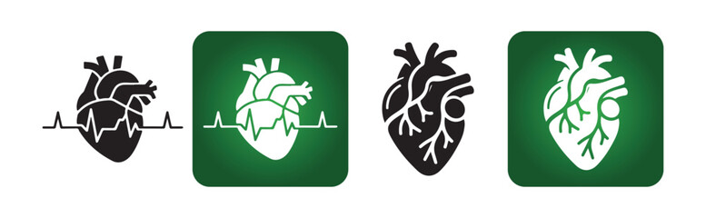 Anatomical Heart Icon Set with Cardiogram Line . Medical and Cardiology Symbol Design.
