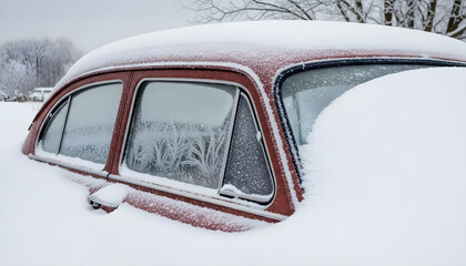 old car covered in snow on a winter road
