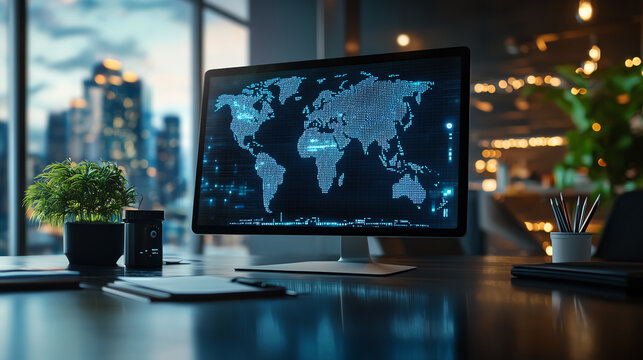 Modern office with world map hologram in background, global communication