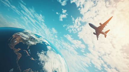 Obraz premium Minimalist composition of airplane flying over globe, concept of world trade