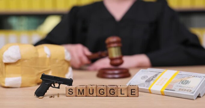 In the courtroom, a judge addresses crime while handling evidence of smuggling and its consequences