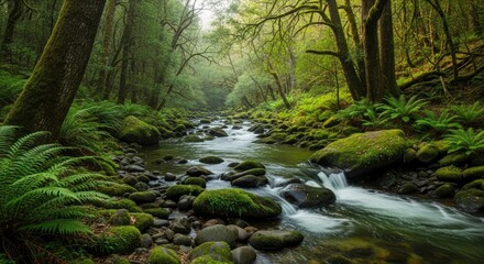 Obraz premium Tranquil Woodland River Flowing Through Lush Green Forest with Mossy Rocks and Ferns
