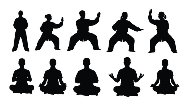Martial arts and meditation silhouettes isolated on transparent background, Vector