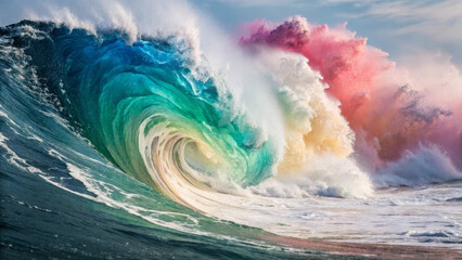 Vivid wave ocean surf rainbow spray colorful water seascape dramatic curl tropical sea coastal foam sunrise light abstract nature surge with vibrant energy, capturing dynamic motion and dreamy