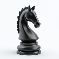 A sleek, black chess knight piece, symbolizing strategic thinking and skill, with a glossy finish, against a clean white background, representing the game of chess.