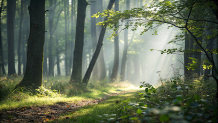 Misty forest sunbeams woodland path morning light green foliage tranquil scene soft focus natural landscape serene mood peaceful nature. Misty forest sunbeams glide along woodland path morning