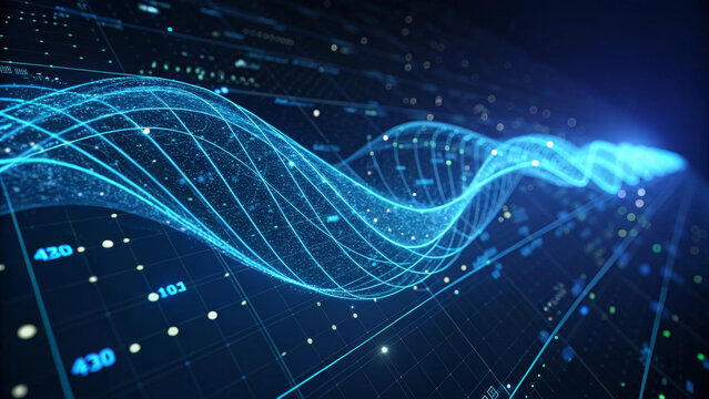 Flowing blue light wave digital grid data stream ai network technology futuristic abstract holographic cyber analytics pulses across dark grid with glowing nodes and numbers suggesting dynamic