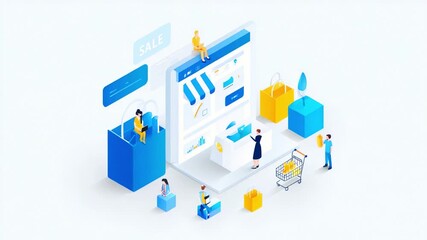 An Engaging Online Shopping Experience Depicted in a Modern Digital Marketplace Illustration Featuring Various Customers Interacting with Virtual Products and Sales Events