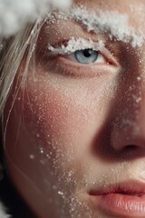Frozen face close-up with snowflakes and frosted eyelashes in winter cold
