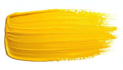 A bold, isolated stroke of vibrant yellow paint, textured and opaque, against white