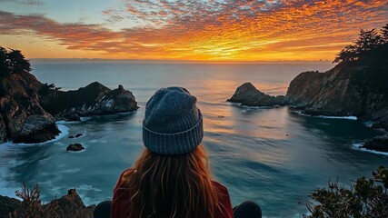 Beautiful sunset over ocean cliffs with traveler enjoying nature's calm in serene coastal landscape at dusk - Powered by Adobe