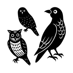 Three stylized birds including two owls and a crow silhouette isolated on white background