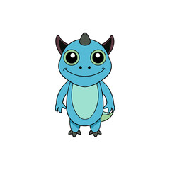 Cute blue cartoon creature with big eyes and horn silhouette isolated on white background