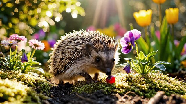 Curious Hedgehog Sniffs Flower in Lush Garden Setting.