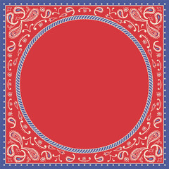 Western bandana vector illustration background for text or design with classic paisley pattern and rope border in red, blue, and white colors. Perfect for cowboy-themed designs