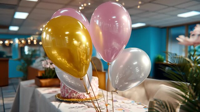Elegant party setup with golden and pink balloons, a decorated cake, and soft evening lights