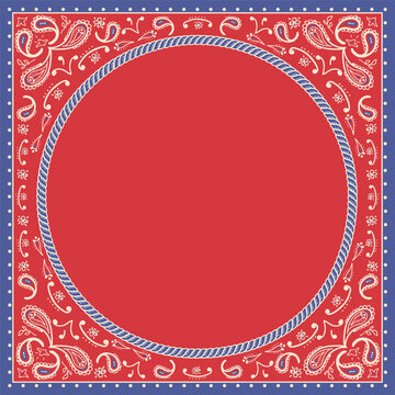 Western bandana vector illustration background for text or design with classic paisley pattern and rope border in red, blue, and white colors. Perfect for cowboy-themed designs