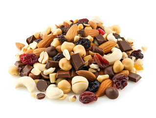 Mixed nuts and dried fruits pile on a white background. Ideal for healthy snacks, nutrition, and food product advertising