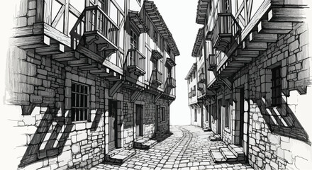 Fototapeta premium Narrow old street with stone houses and shadows, hand-drawn architectural perspective.