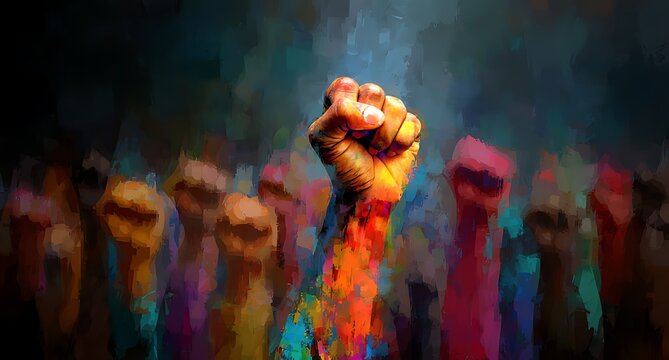 Colorful hands raised in solidarity and celebration of vibrant freedom - Powered by Adobe