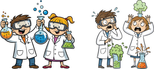 Funny children doing science experiment in lab, chemical reaction explosion, cartoon kids learning chemistry, education and discovery illustration concept