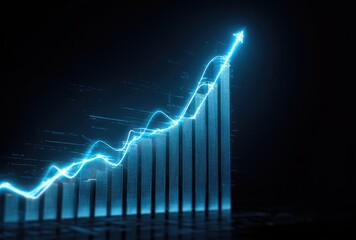 Abstract financial growth graph with ascending arrow and bars on black