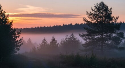 Fototapeta premium Enchanting Misty Pine Forest at Dawn with Serene Sky
