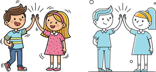 Happy children giving high five, teamwork success, friendship celebration, cheerful kids illustration, cute boy and girl cartoon drawing, fun communication concept