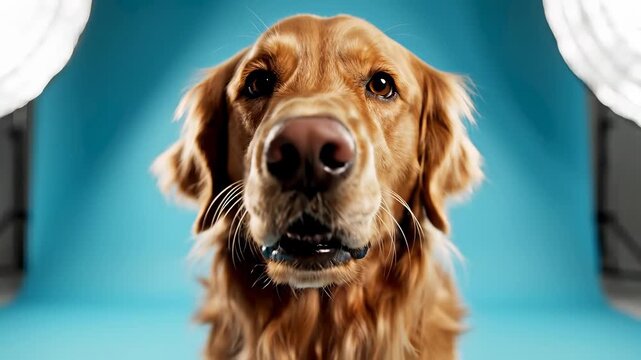 A dog sits calmly in front of a bright blue studio backdrop, directly addressing the camera with an inquisitive gaze, capturing the concept of straightforward communication.