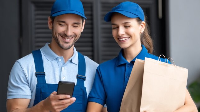 Two delivery workers stand together, smiling as they review task details on a smartphone. One holds a paper bag, ready to make a delivery. It is a bright day in an urban setting - Powered by Adobe