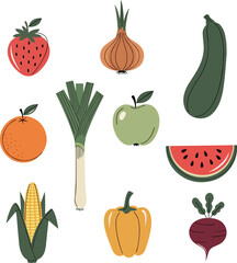 Isolated a Hand drawn fruits and vegetables. Modern abstract minimal style. Healthy organic food. Strawberry, onion, zucchini, apple, orange, leek, watermelon, corn, pepper, beet. vector art..