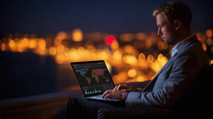 A focused individual analyzing data on a laptop, overlooking a vibrant cityscape illuminated by blurred lights at night, showcasing the blend of technology and urban environment. - Powered by Adobe