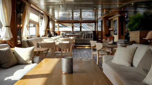 A detailed interior shot of a luxurious yachts lounge area. The main subject is a comfortable seating area with plush sofas and a wooden table. The color palette is dominated by neutral tones.