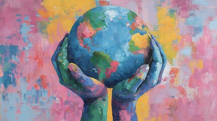 Hands gently cradling a colorful painted globe with abstract background