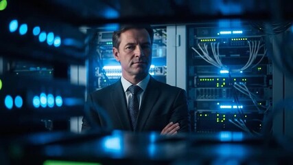It professional man standing in data center with server racks and blue lights concept of network technology and digital security - Powered by Adobe