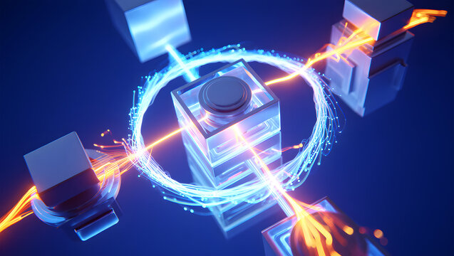 Abstract Network of Glowing Cubes Connected by Light Trails and Energy Streams technology connection