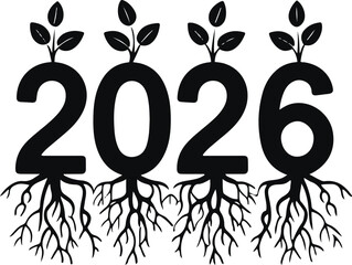 minimalist black line art of number 2026 where roots extend from the bottom of the digits and small leaves sprout from the top, clean white background 2