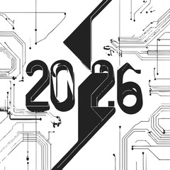 futuristic 2026 typography surrounded by abstract digital line grids, circuit-like design elements, minimal vector black line art, white background 1