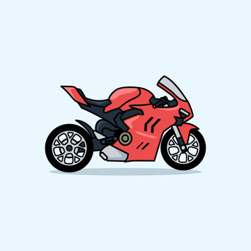 Red Sports Motorcycle Cartoon Style: Sleek Side View, Dynamic Design, Modern Colorful Illustration

