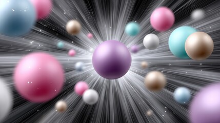 Colorful spheres in motion create a dynamic visual effect in space