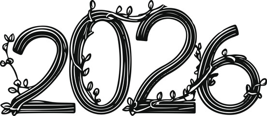 minimalist black line art typography of number 2026, decorated with thin delicate leaves and small flowers growing around each digit, elegant botanical vector design 4