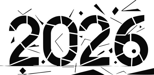  number 2026 drawn with broken abstract line segments and geometric fragments, minimal black outline vector on white background 2