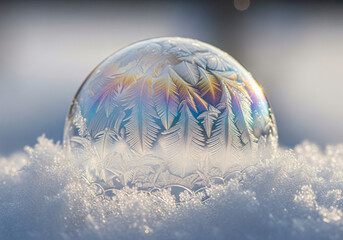 Frozen Bubble on Snow with Ice Crystals and Rainbow Colors Winter Scene