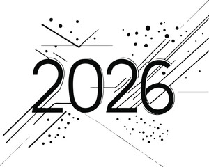 simple minimalist line art of 2026 combined with random abstract line strokes and dots for artistic composition, vector black outline, white background 1