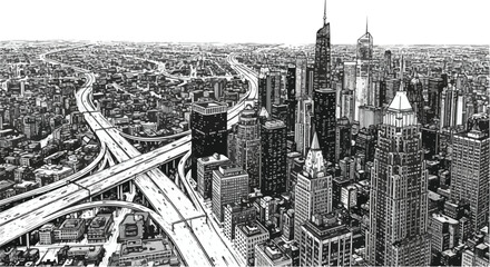 Fototapeta premium Detailed bird’s-eye pencil drawing of city grid and highways with skyline on the horizon, monochrome style.