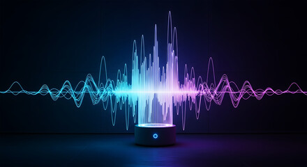 Abstract sound wave visualization with neon blue and pink lights on a dark background audio music