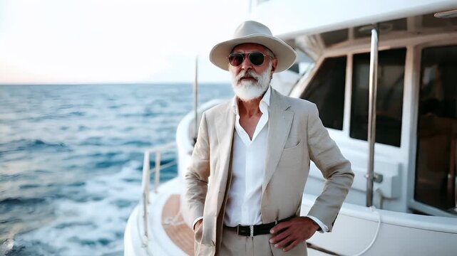 A man in a beige suit and hat stands on a boat, with the ocean in the background. The mans attire is complemented by a white shirt and a brown belt.